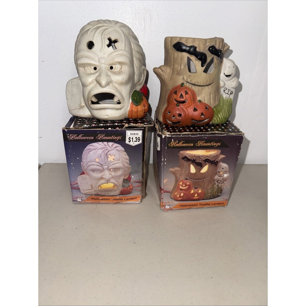 2 Halloween Votive/ Tealight Candle Holders Handpainted Porcelain